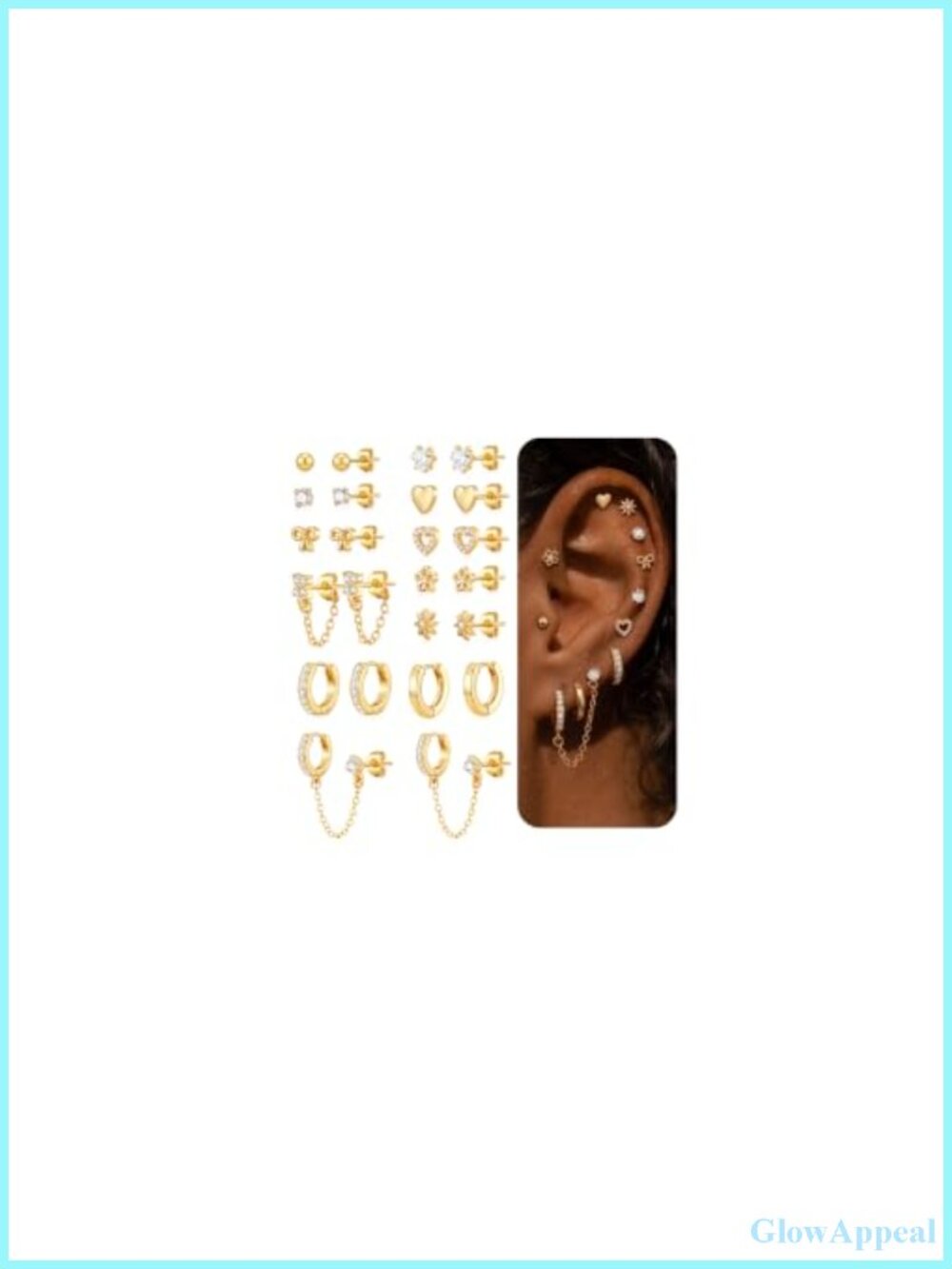 12 Piece 14K Gold Plated Hypoallergenic Earring Set CZ Studs Huggies Chains
